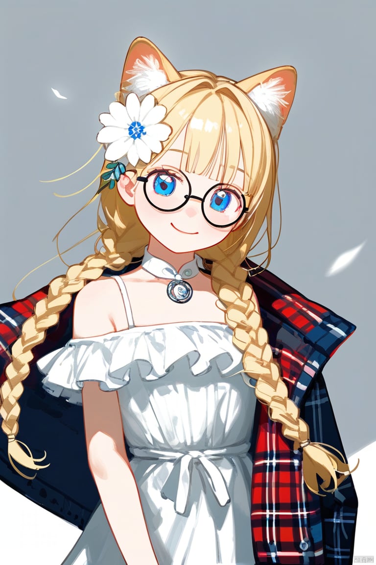  1girl, solo, impasto, oil painting, best quality, white background, simple background, plaid background, looking at viewer, smile, animal ear fluff, closed mouth, cat ears, blue eyes, round eyewear, blonde hair, long hair, hair flower, hairclip, braided bangs, hand on own chest, white dress, plaid dress, plaid shirt, plaid pants, plaid jacket, plaid skirt, plaid scarf, plaid bikini, checkered skirt, plaid bra, plaid vest, plaid panties, checkered shirt, bare shoulders, plaid ribbon, off shoulder, plaid necktie, strap slip, choker, white flower, shawl, bespectacled, plaid bow, plaid headwear, unmoving pattern, wind