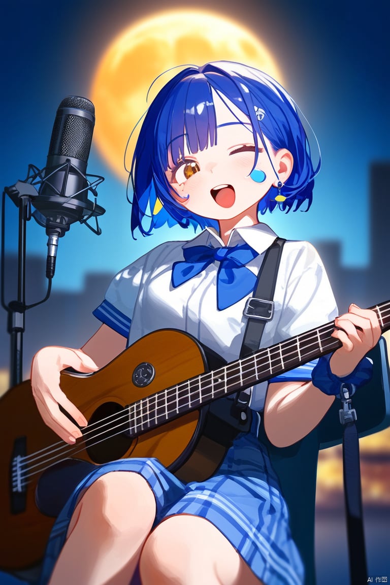  1girl, virtual youtuber, solo, impasto, oil painting, best quality, upper body, holding instrument, open mouth, closed eyes, mole under eye, short hair, blue hair, bangs, white shirt, collared shirt, short over long sleeves, neck ribbon, black ribbon, playing instrument, singing, bass guitar, microphone stand, blurry, lens flare, sun, spotlight, full moon, electric guitar