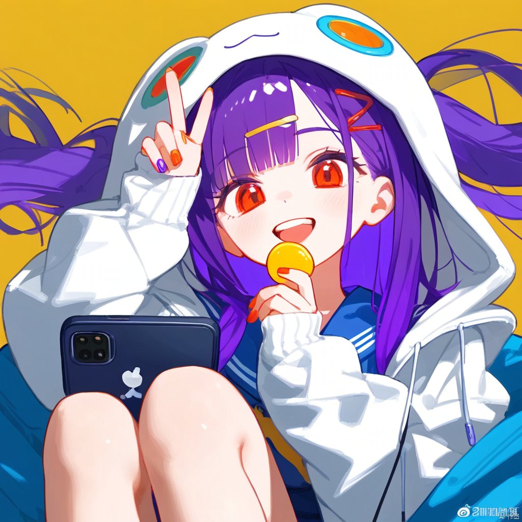  1girl, solo, best quality, yellow background, upper body, looking at viewer, holding, smile, mouth hold, food in mouth, teeth, red eyes, long hair, purple hair, multicolored hair, bangs, hairclip, white shirt, hooded jacket, open jacket, hoodie, hood up, long sleeves, sleeves past wrists, sailor collar, orange nails, nail polish, yellow nails, blue nails, multicolored nails, purple nails, green nails, black nails, pink nails, aqua nails, long fingernails, lollipop, arm up, cellphone, double v