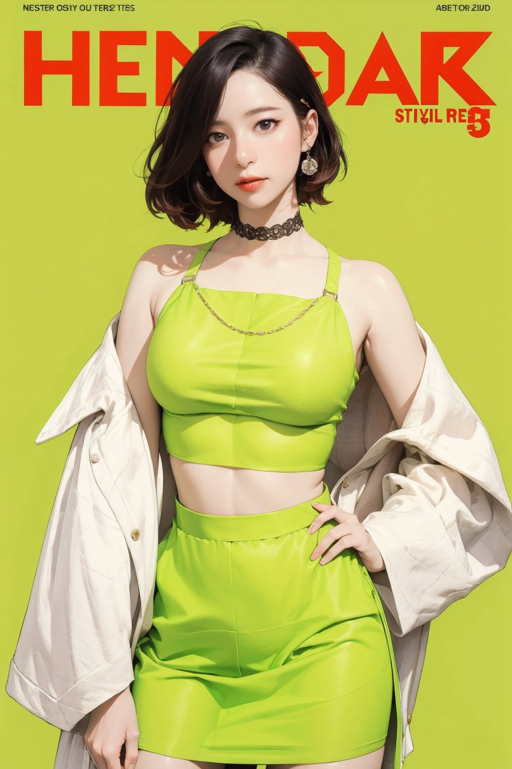 1girl, thigh up body, standing, styled clothes, croptop, skirt, choker, looking at viewer, earrings, magazine cover, green background, hine