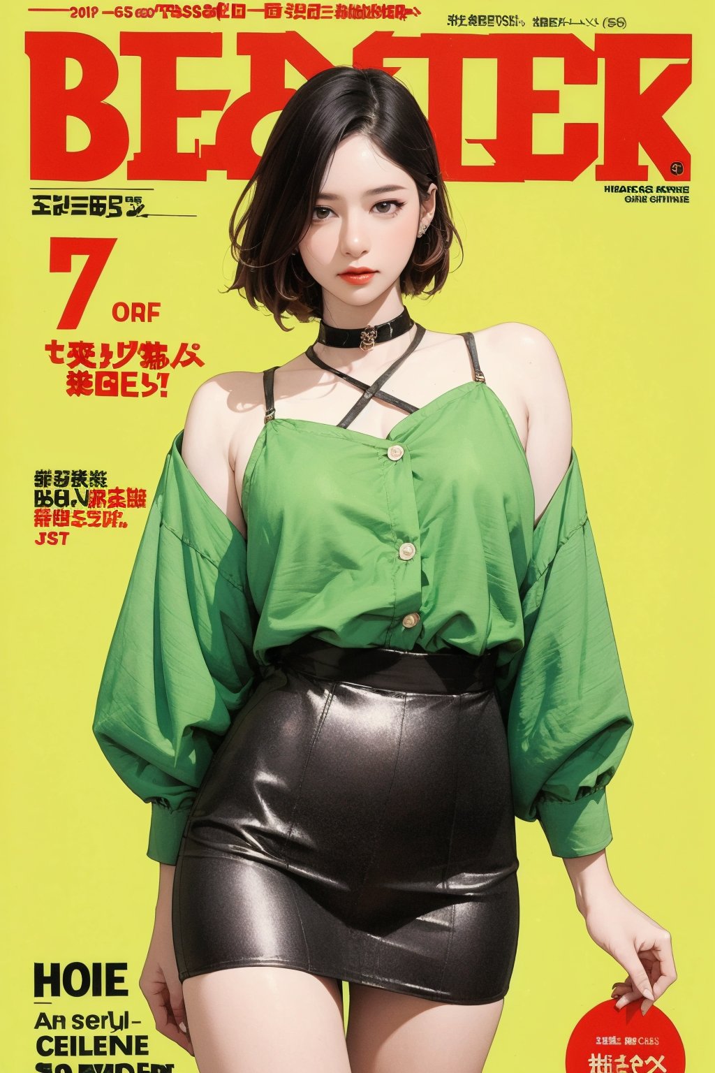 1girl, thigh up body, standing, styled clothes, choker, looking at viewer, earrings, magazine cover, green background, hine