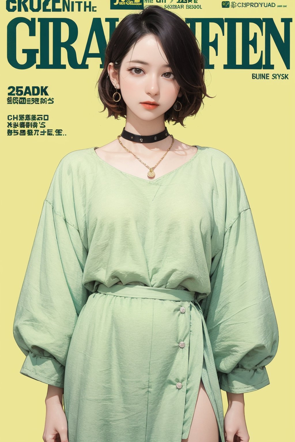 1girl, thigh up body, standing, styled clothes, choker, looking at viewer, earrings, magazine cover, green background, hine