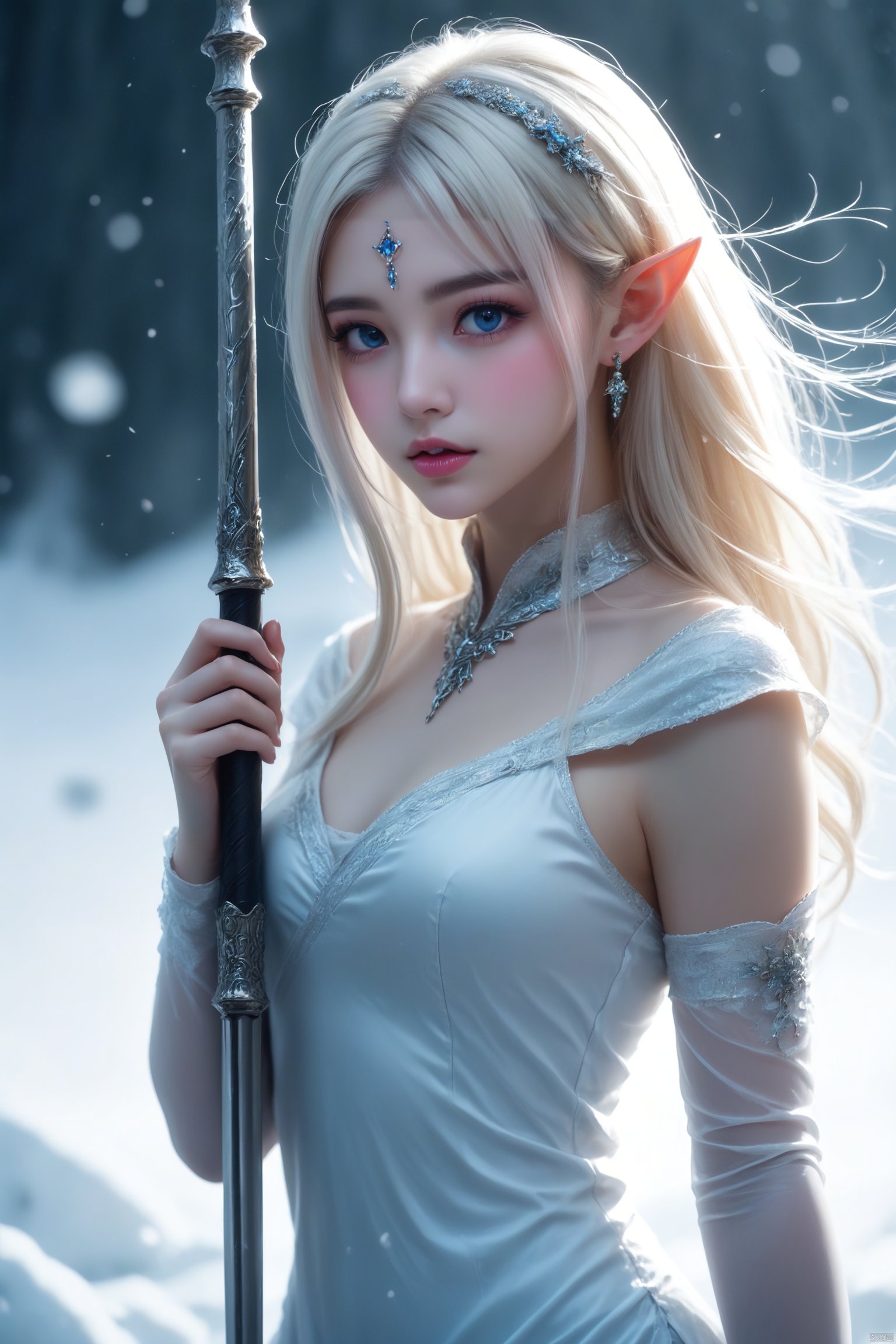 1girl,fantasy concept, storm elf, a beautiful lady, wind, snow, winter, landscape, holding staff