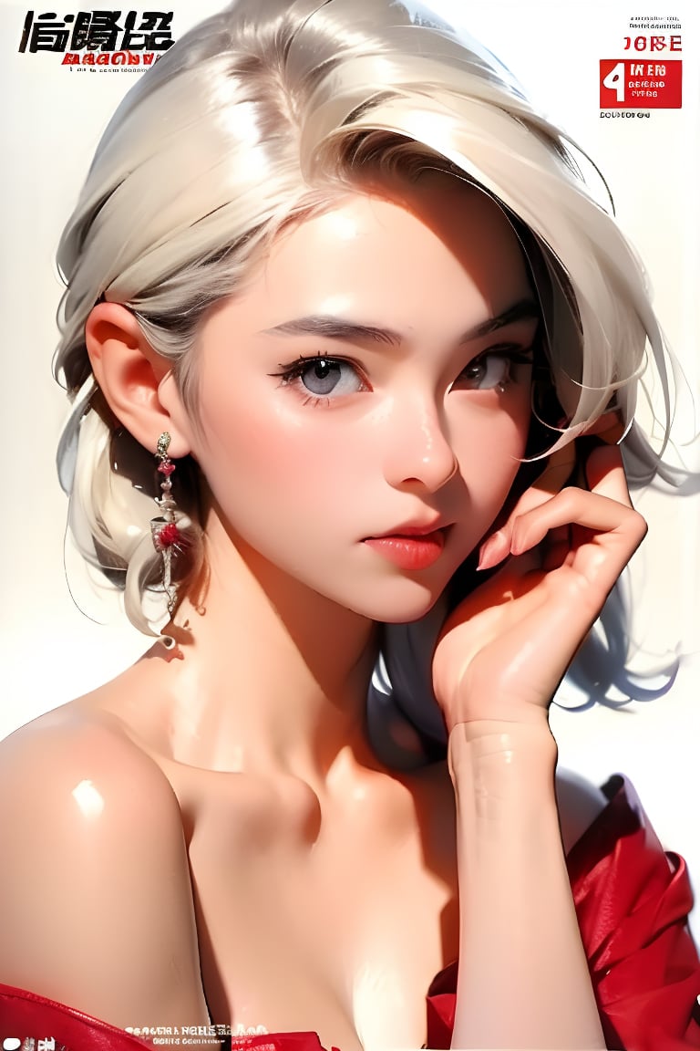 1girl, solo, upper body, white hair, lips, traditional media, reality, pop idol magazine, title font "New Lora Is Coming", attractive cover with beauty characters,jpop cover 80s,金髮女的笑容,棕捲髮美女,戀愛感