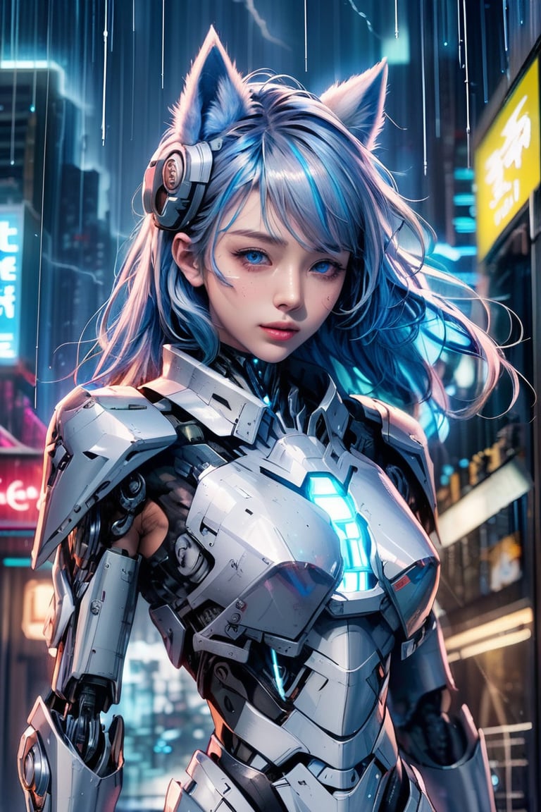 masterpiece:, best quality, ultra detailed, blue hair , wolfcut, pink eyes, 1 girl,cyberpunk city,flat chest,wavy hair,mecha clothes, robot girl, cool movement,silver bodysuit,colorful background,rainy days, lightning effect,silver dragon armour,cold face, mechagirl