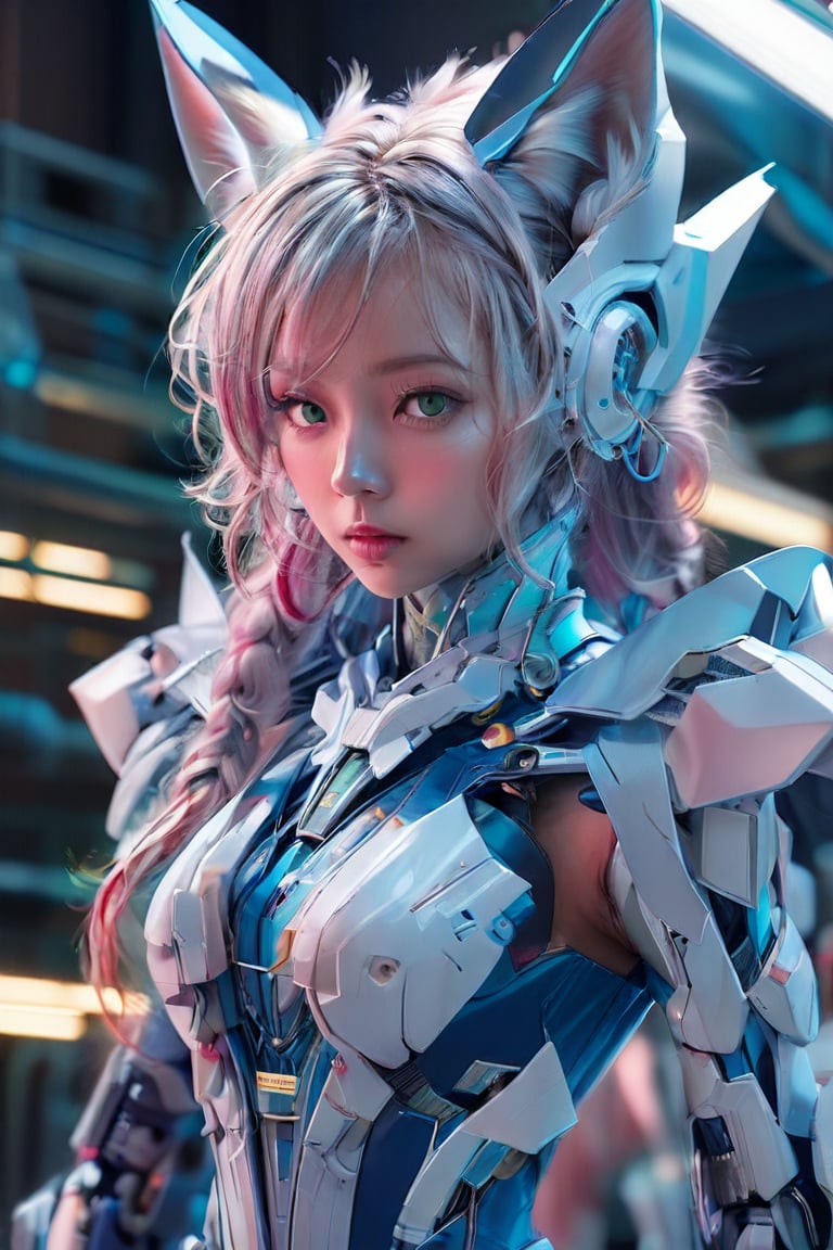 close up shot, cinematic shot, a beautiful fox mecha girl, twin tail, cool, elegant, pink hair, blue mecha halo, green eyes, white mecha wings, detailed blue mecha suit, detailed mecha body, detailed accessories, hyper detailed mechanical industrial room background, suggestive pose, very strong light on face, cinematic lighting, volumetric lighting, iridescent lighting reflection, reflection, beautiful shading, head light, back light, natural light, ray tracing, symmetrical, ray tracing, post-processing, global illumination, hyper realistic, photo realistic, ultra-HD, k, HDR, masterpiece, professional artwork, professional character design, mechagirl