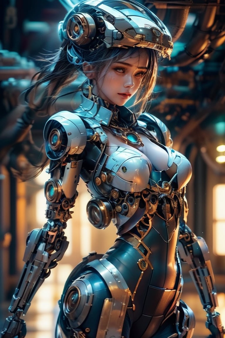 masterpiece, concept art, steampunk, steampunk mecha girl, dynamic pose, volumetric lighting, reflection, mechagirl