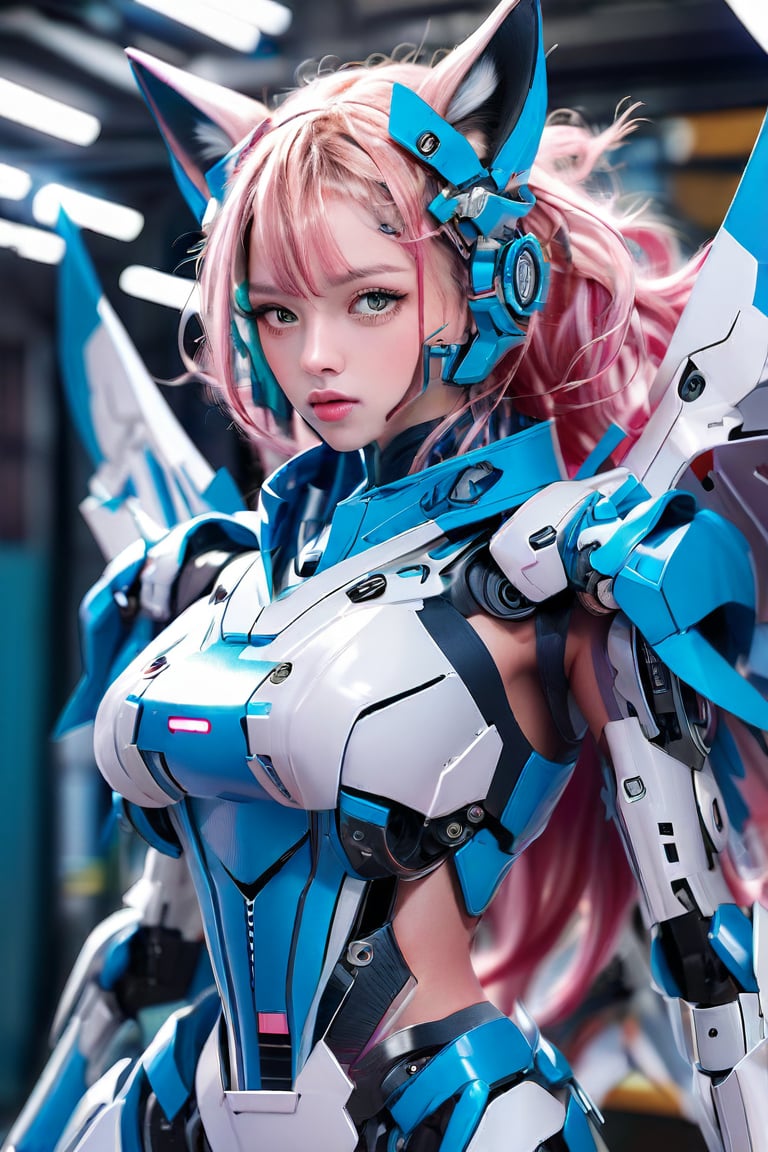 close up shot, cinematic shot, a beautiful fox mecha girl, twin tail, cool, elegant, pink hair, blue mecha halo, green eyes, white mecha wings, detailed blue mecha suit, detailed mecha body, detailed accessories, hyper detailed mechanical industrial room background, suggestive pose, ((very strong light on face, cinematic lighting, volumetric lighting, iridescent lighting reflection, reflection, beautiful shading, head light, back light, natural light, ray tracing, symmetrical, ray tracing, post-processing, global illumination)), hyper realistic, photo realistic, ultra-HD, k, HDR, masterpiece, professional artwork, professional character design, mechagirl