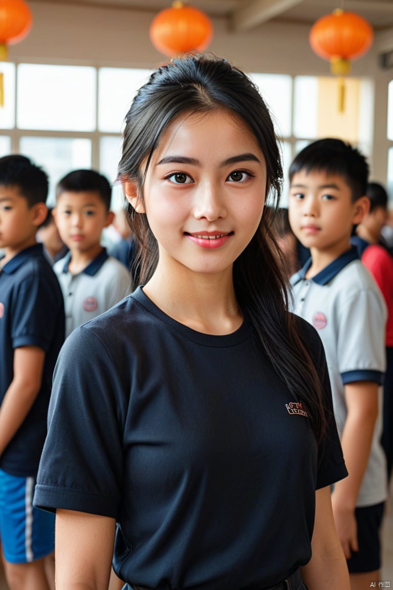 1girl, looking at viewer, smile, shirt, black hair, ponytail, short sleeves, multiple boys, solo focus, indoors, blurry, uniform, black eyes, lips, realistic