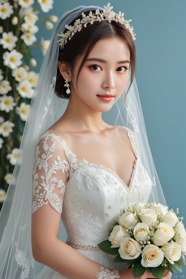 1girl, solo, breasts, looking at viewer, brown hair, black hair, dress, holding, cleavage, brown eyes, jewelry, upper body, flower, earrings, white dress, lips, white flower, veil, bouquet, wedding dress, realistic, bridal veil, holding bouquet, bride