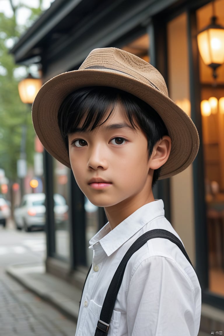 solo, looking at viewer, short hair, shirt, black hair, 1boy, hat, closed mouth, white shirt, upper body, male focus, outdoors, day, blurry, blurry background, sunglasses, realistic