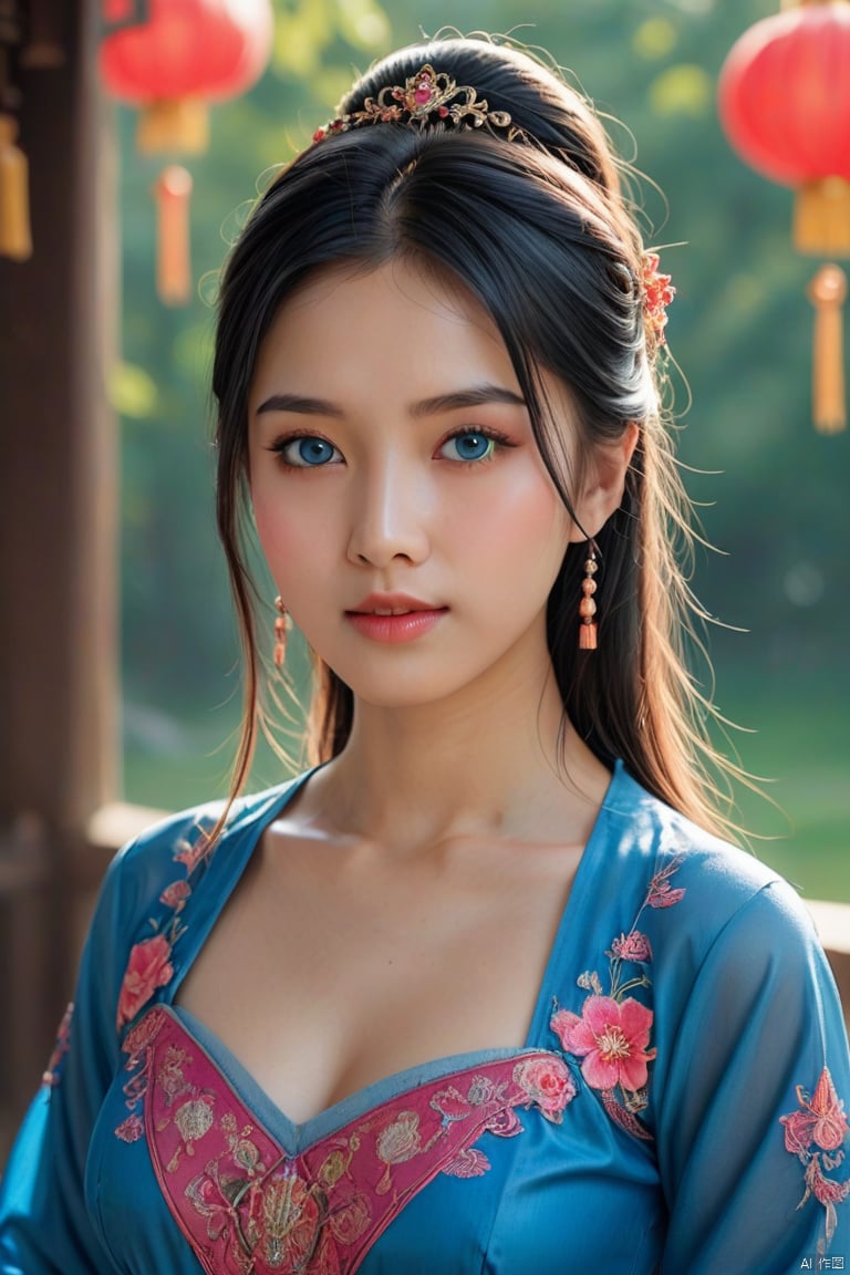 1girl, solo, breasts, looking at viewer, black hair, hair ornament, dress, short sleeves, outdoors, hair bun, blurry, black eyes, lips, blurry background, blue dress, chinese clothes, single hair bun, china dress, realistic, photo background