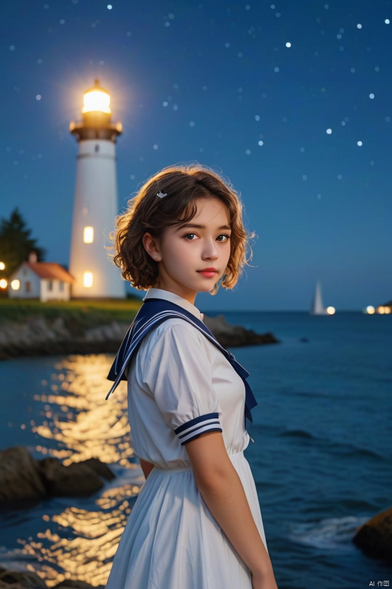 1girl, solo, looking at viewer, short hair, brown hair, dress, closed mouth, standing, short sleeves, outdoors, sky, puffy sleeves, sailor collar, water, white dress, blurry, from side, lips, night, star \(sky\), night sky, sailor dress, curly hair, realistic, lighthouse