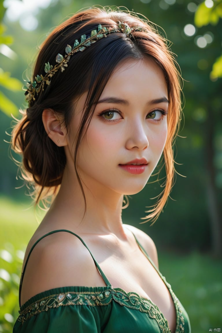 1girl, solo, breasts, looking at viewer, brown hair, hair ornament, dress, cleavage, bare shoulders, brown eyes, medium breasts, collarbone, upper body, outdoors, off shoulder, blurry, lips, blurry background, facial mark, green dress, forehead mark, realistic