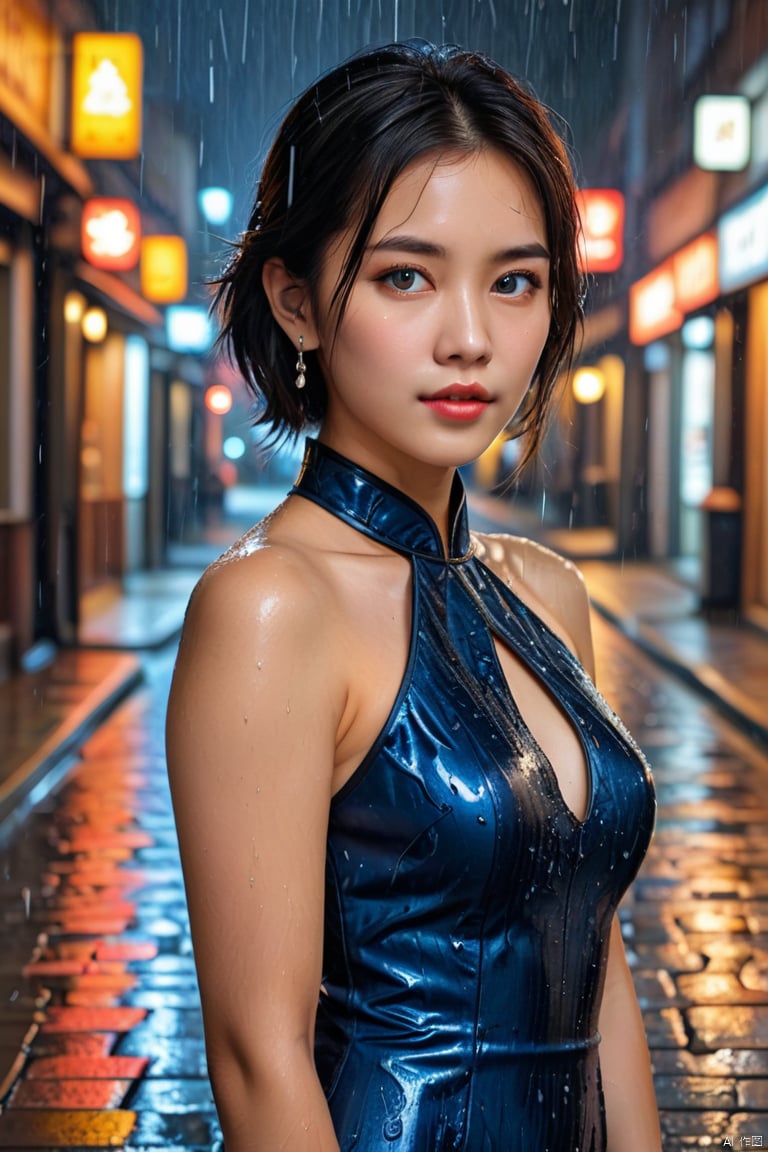 1girl, solo, breasts, looking at viewer, short hair, brown hair, black hair, dress, bare shoulders, brown eyes, closed mouth, standing, cowboy shot, outdoors, sleeveless, blurry, lips, wet, night, sleeveless dress, blurry background, blue dress, halterneck, rain, realistic, road, street