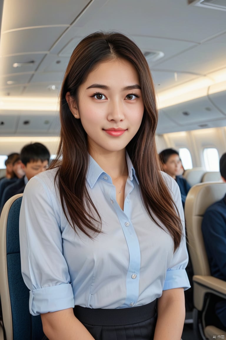 1girl, long hair, looking at viewer, smile, brown hair, shirt, black hair, long sleeves, closed mouth, jacket, white shirt, upper body, ponytail, multiple boys, solo focus, collared shirt, indoors, blurry, uniform, black eyes, lips, blurry background, formal, suit, blue jacket, ground vehicle, realistic