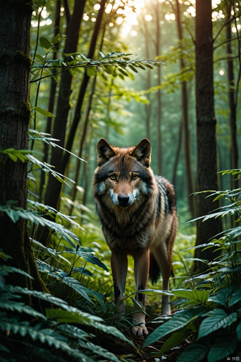 looking at viewer, outdoors, blurry, tree, book, no humans, animal, leaf, plant, nature, forest, realistic, animal focus, wolf