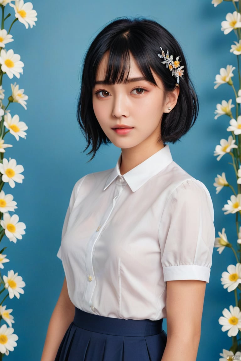 1girl, solo, looking at viewer, short hair, bangs, skirt, shirt, black hair, hair ornament, brown eyes, white shirt, upper body, flower, short sleeves, pleated skirt, collared shirt, hair flower, black eyes, lips, blue skirt, white flower, realistic, nose