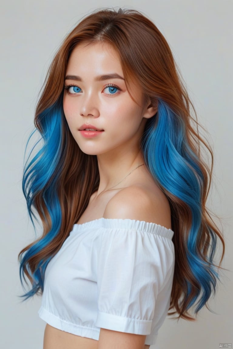 1girl, solo, long hair, looking at viewer, shirt, brown eyes, closed mouth, blue hair, white shirt, upper body, red hair, multicolored hair, mole, two-tone hair, lips, streaked hair, portrait, realistic, nose