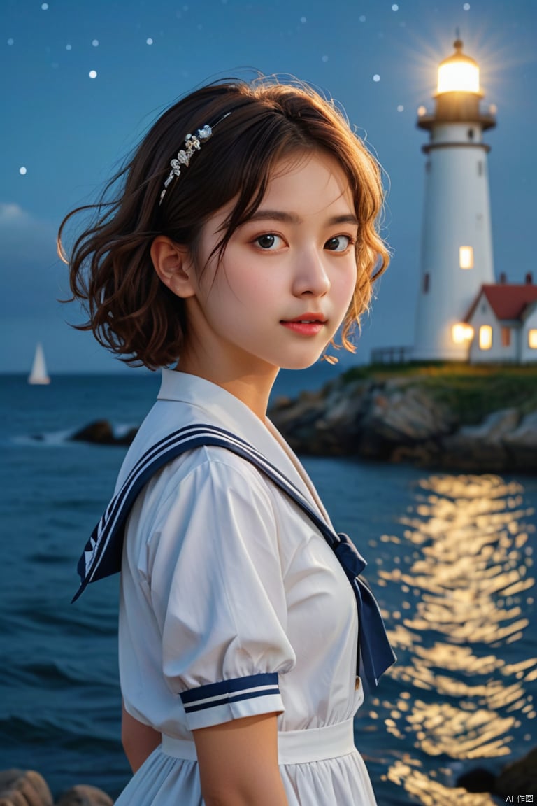 1girl, solo, looking at viewer, short hair, brown hair, dress, closed mouth, standing, short sleeves, outdoors, sky, puffy sleeves, sailor collar, water, white dress, blurry, from side, lips, night, star \(sky\), night sky, sailor dress, curly hair, realistic, lighthouse