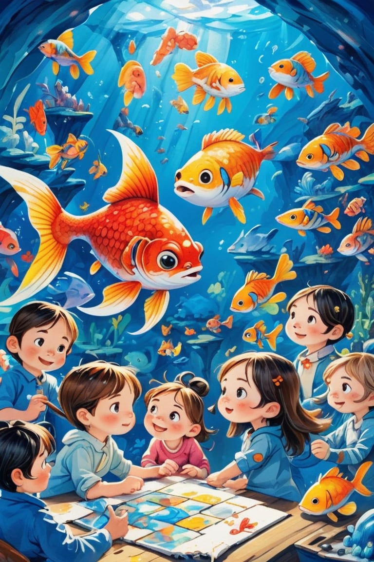 Children book cover, masterpiece, mid shot, highly detailed, concept art, oil painting, gouache, hard brush, An engaging scene featuring a group of diverse kids, deep sea full of Koi fishes, working together to solve a puzzle in an underwater city, Include a mix of charming moments of cooperation, problem-solving, and discovery, while showcasing the rich and imaginative environment of the city, award winning, gibli inspired, kidz, pastelmix