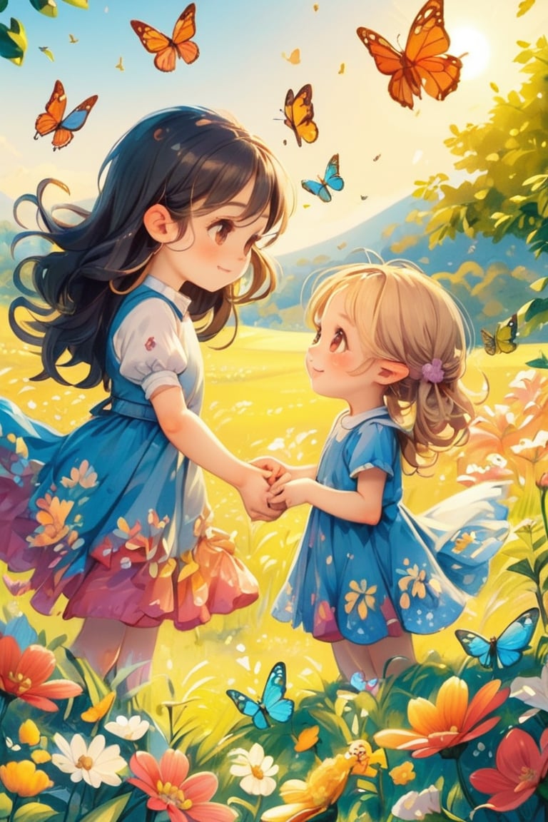 High Detail, Ultra Detail, Ultra High Resolution A cute and innocent girl and her naughty sister, holding hands in the open field to enjoy her time, surrounded by the beauty of nature, warm sun sprinkling on her, wildflowers gently swaying in the breeze. Butterflies and birds flying around her, adding a playful atmosphere, close-up, mobile wallpaper, elf, super high detail, kidz, pastelmix