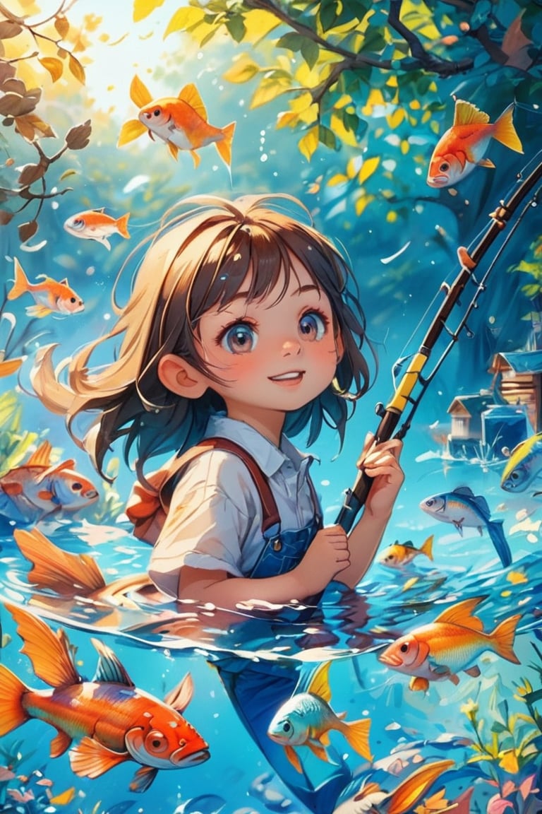 Girl, fishing, fish, summer, Perfect quality, clear focus, clutter - home, masterpiece, Bokeh, Best quality, Detailed skin, Intricate details, 8K, Sharp Focus, Happy, kidz, pastelmix