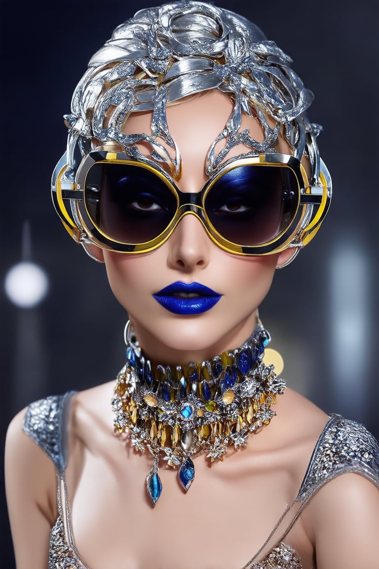 The image depicts a portrait of a person with stylized features. The a woman wears a futuristic glasses, 3d, metallic sculpture, elegant, emotive faces, dark blue and yellow and light silver, high resolution. The background is blurred with hints of glowing tones, which serve to highlight the subject without distracting from the intricate details of the jewelry and makeup.,Elite beauty