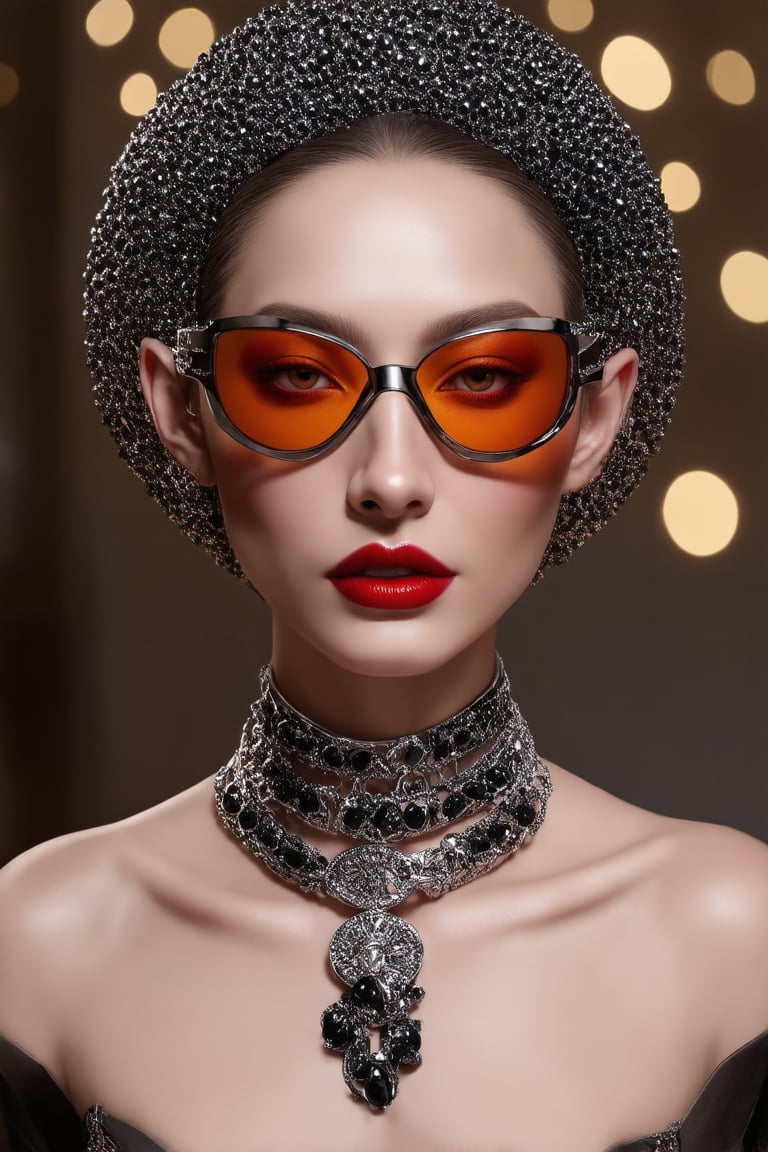 The image depicts a portrait of a person with stylized features. The a woman wears and wears black dots on her head, in the style of futuristic fantasy, 3d, metallic sculpture, elegant, emotive faces, dark Orange and red and light silver,her eyes wearin a futuristic sun glasses algorithmic artistry, high resolution. The background is blurred with hints of gold tones, which serve to highlight the subject without distracting from the intricate details of the jewelry and makeup.,Elite beauty