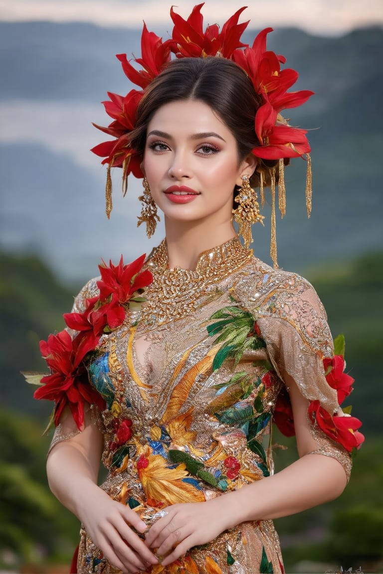 The image showcases a portrait of a woman from south america, with striking features. The woman is adorned with  tropical colorful outfit and her attire suggests a sense of joyful and happiness. Her jewelry, consisting of earrings, adds to the overall sophistication of her appearance. The presence of flowers in the image introduces an element of natural beauty and could signify a theme or context related to nature, femininity, or celebration. The choice of red in her attire and the flowers may symbolize passion, love, or festivity. The image captures a moment that seems both intimate and public, inviting the viewer to ponder the story behind it.