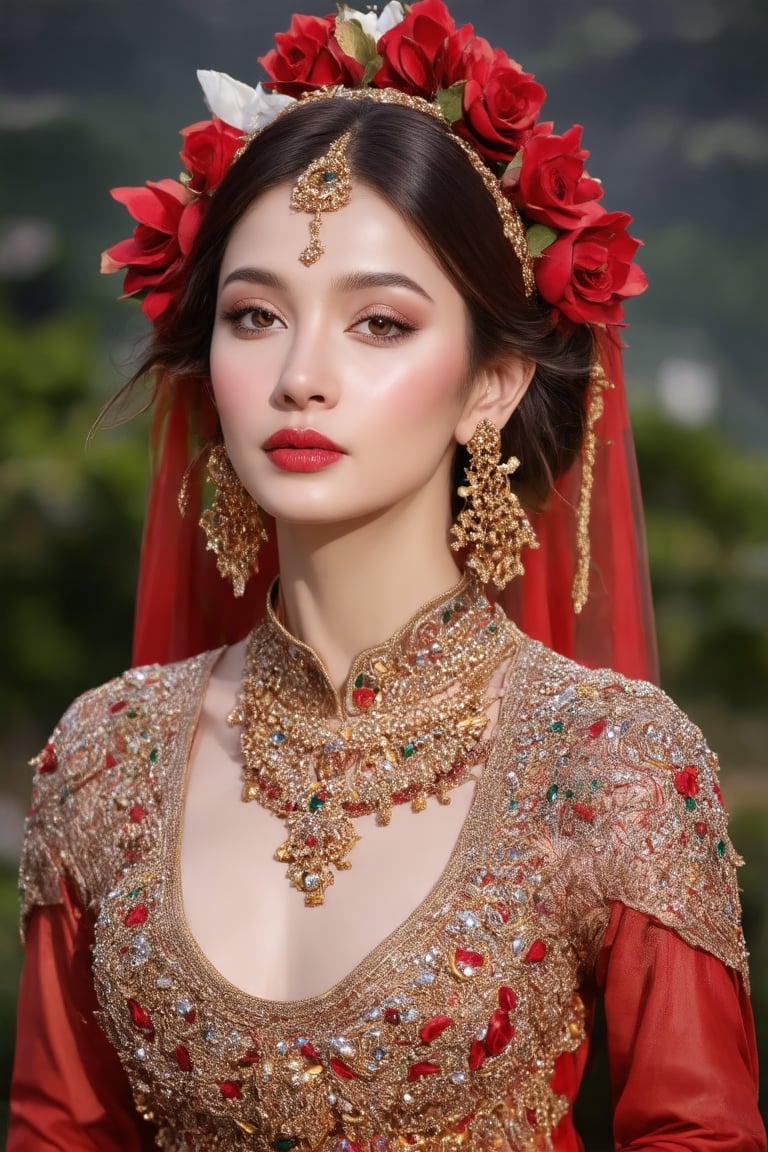 The image showcases a portrait of a woman with striking features. The woman is adorned with red accessories and her attire suggests a sense of elegance and luxury. Her jewelry, consisting of earrings, adds to the overall sophistication of her appearance. The presence of flowers in the image introduces an element of natural beauty and could signify a theme or context related to nature, femininity, or celebration. The choice of red in her attire and the flowers may symbolize passion, love, or festivity. The image captures a moment that seems both intimate and public, inviting the viewer to ponder the story behind it.