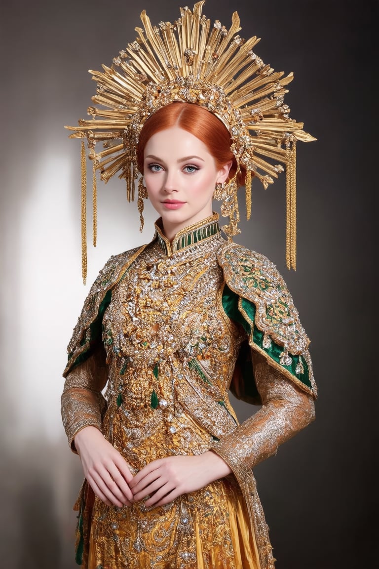 The image presented is a portrait of a young individual dressed in what appears to be a stylized historical or fantasy costume. The attire includes a headpiece resembling a sunburst, which is often associated with regal or divine status in various cultures. The jewelry and accessories suggest a high-status figure, possibly from an ancient civilization. The backdrop is neutral, ensuring that the focus remains on the subject and their elaborate attire. Dark background with only a white light srtraingt to her from behind.. The portrait is likely intended to capture the elegance and grandeur of the costume, rather than to convey a specific narrative or setting.,redhead