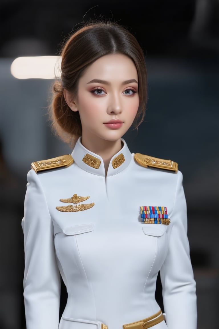 The image depicts a portrait of a young hottest de l'air with stylized features. she is elegant, emotive faces, bun hair. Her outfits is flight uniform. Image all are in high resolution. The background is blurred with hints of dark tones, which serve to highlight the subject without distracting and makeup.,Elite beauty