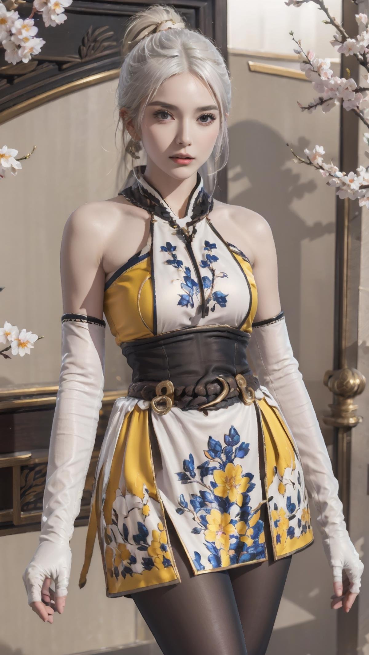 masterpiece,(bestquality),ultra-detailed,1girl,solo,hip up,upper body,<lora:ntmix1:0.7>,<lora:silky leisure outfit:0.8>,silky leisure outfit,black stockings,gloves,cherry blossoms,(white hair color:0.9),