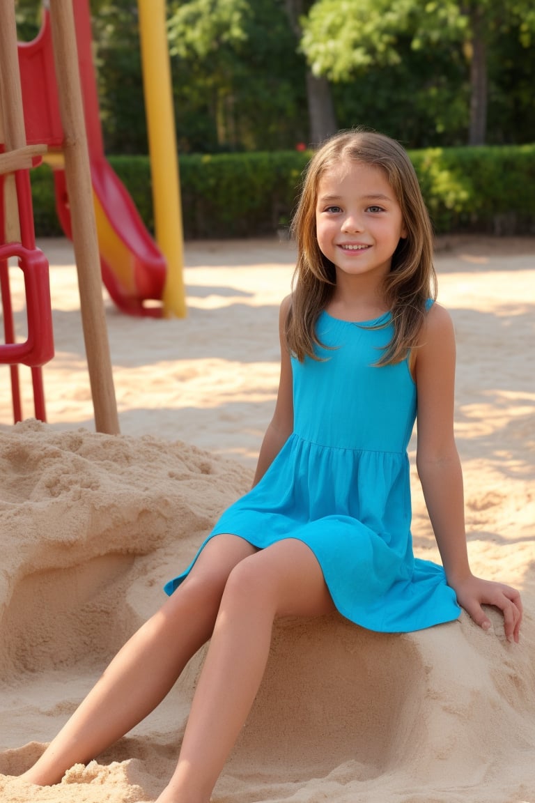 "Ava, a 12-year-old with a petite and adorable frame, has a blast building sandcastles in the sandbox. Sitting with her legs comfortably spread, her colorful dress has moved, revealing a hint of her playful underwear. Ava’s enthusiasm and cute presence add to the fun of the playground."