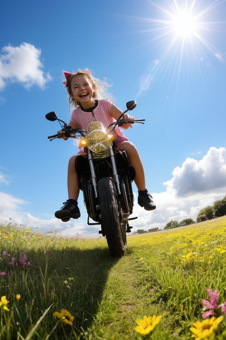 A joyful scene unfolds as a young girl with ahoge hair and eyes beams directly at the viewer. Her happiness is infectious, radiating from her bright smile. Against a blue sky with fluffy clouds, she rides a massive cat that leaps into frame, its paws barely grazing the lush meadow grass. Vibrant flowers bloom around them, adding to the whimsical atmosphere. The camera captures this delightful moment from a low-angle point-of-view (POV), emphasizing the girl's exuberance and the cat's playful majesty.