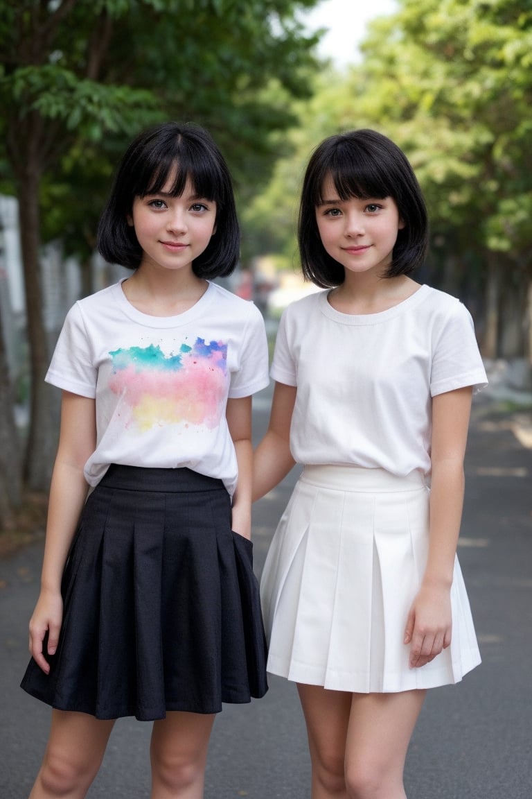 watercolor, 2girls, (ultimately adorable:1.4), (incredibly cute:1.4), (super kawaii:1.4), black hair, standing, side-by-side, elementary school student, white short-sleeved shirt, navy flare skirt, full body, street, hot summer day, fantastic, detailed background, (masterpiece, best quality, 8k, ultra-detailed, very clear), perfect anatomy, detailed eyes