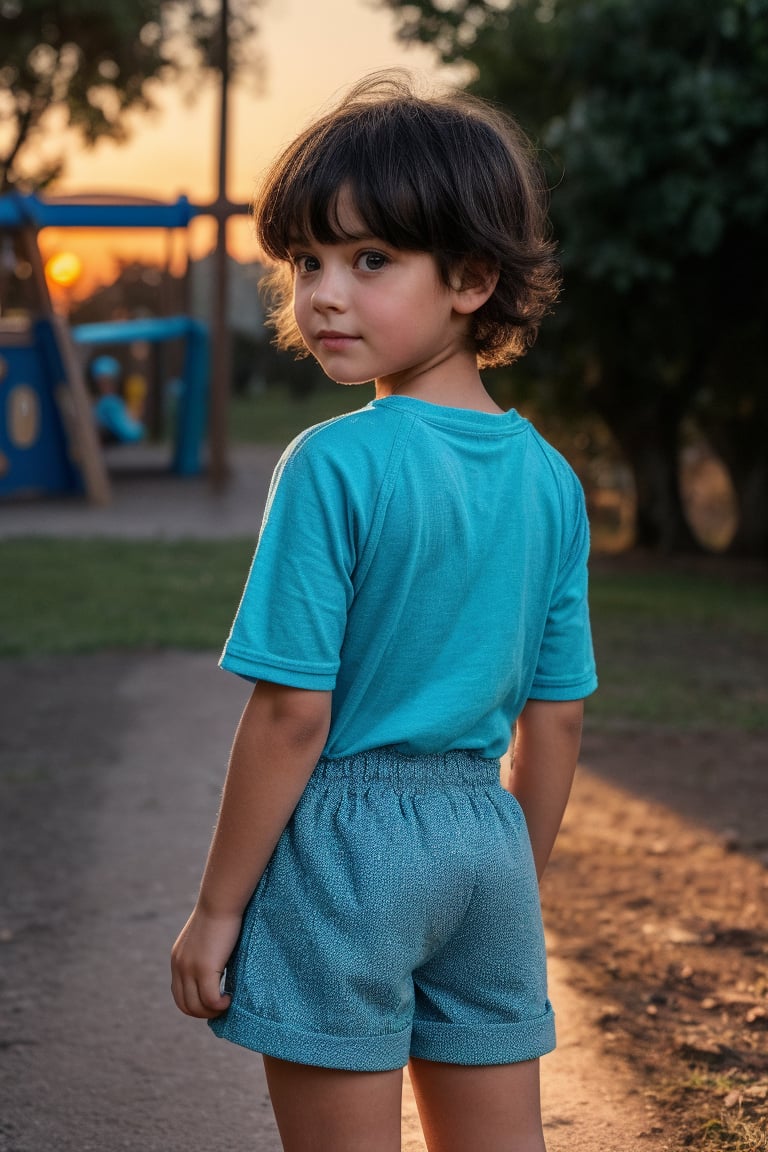 A 6 year old girl kid, black short_hair, innocent face with fluffy expression, big_eyes with glass, blue colored short_sleeves, short_pant, very shy, back home from playground, cinematic light, sunset golden hour, blurry_background, depth_of_field, full_body, 3d, ultra 8k