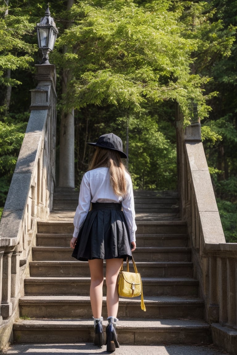 masterpiece,illustration,ray tracing,finely detailed,best detailed,Clear picture,intricate details,highlight, anime, gothic architecture, looking at viewer, nature,gothic architecture,bird,the lakeside in the heart of the forest,the staircase of the balcony, NikkeRei, 1girl,loli,baby,long hair,hat,light blonde hair, yellow bow,yellow bag,skirt,upper body, NikkePenguin,Penguin,