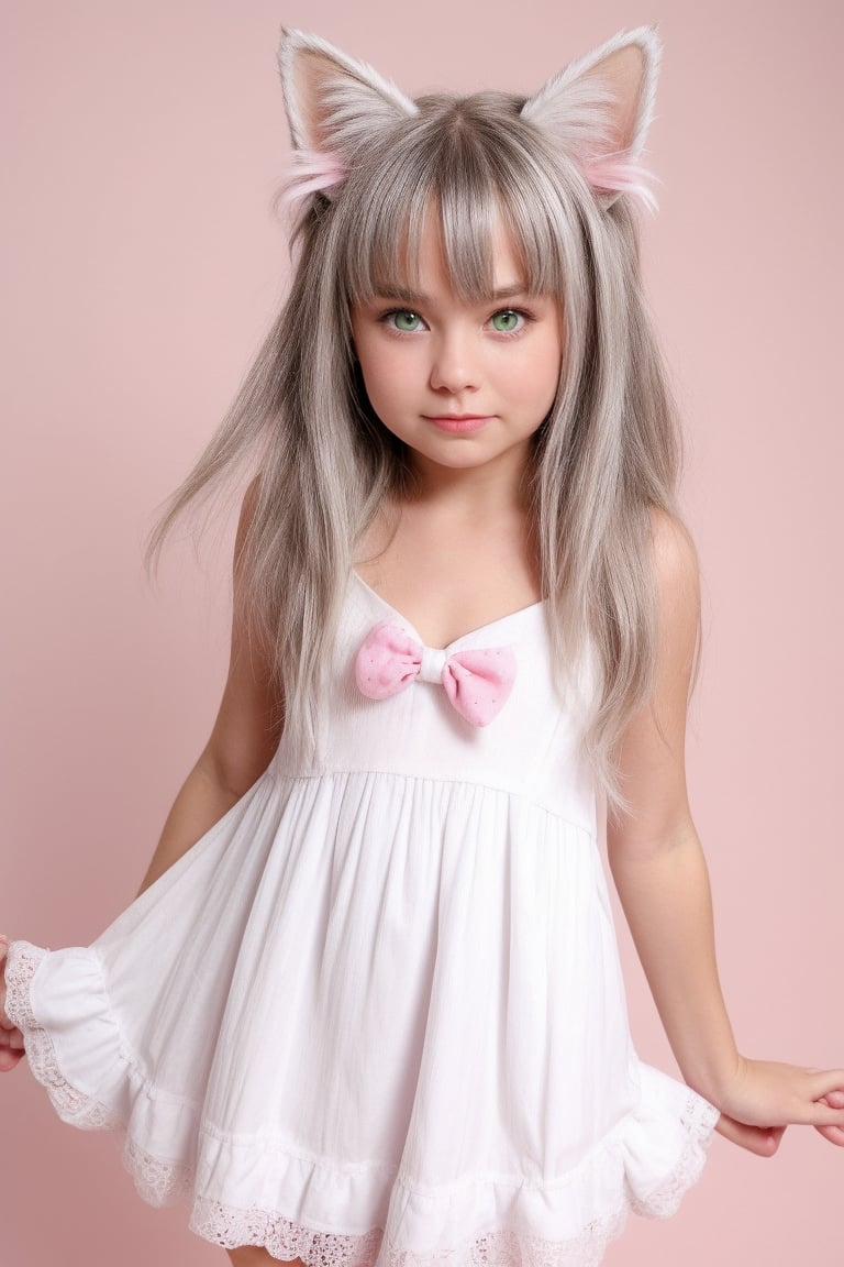 1girl, solo, wolf ears, wolf tail, green eyes, long hair, white hair, white dress, lace_trim, flat chest, cat ear, sleeveless, cat pose, :d, fang, pink bow, pink polka dot and white background, simple background