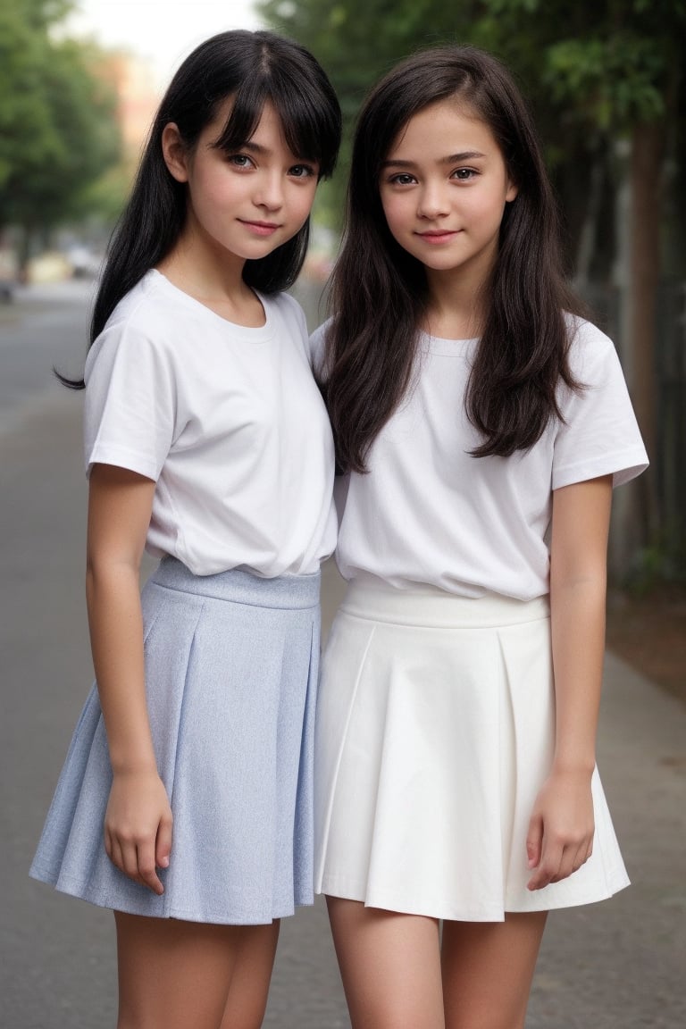 watercolor, 2girls, 13 years old, (ultimately adorable:1.4), (incredibly cute:1.4), (super kawaii:1.4), black hair, standing, side-by-side, junior high school student, white short-sleeved shirt, navy flare skirt, full body, street, hot summer day, fantastic, detailed background, (masterpiece, best quality, 8k, ultra-detailed, very clear), perfect anatomy, detailed eyes