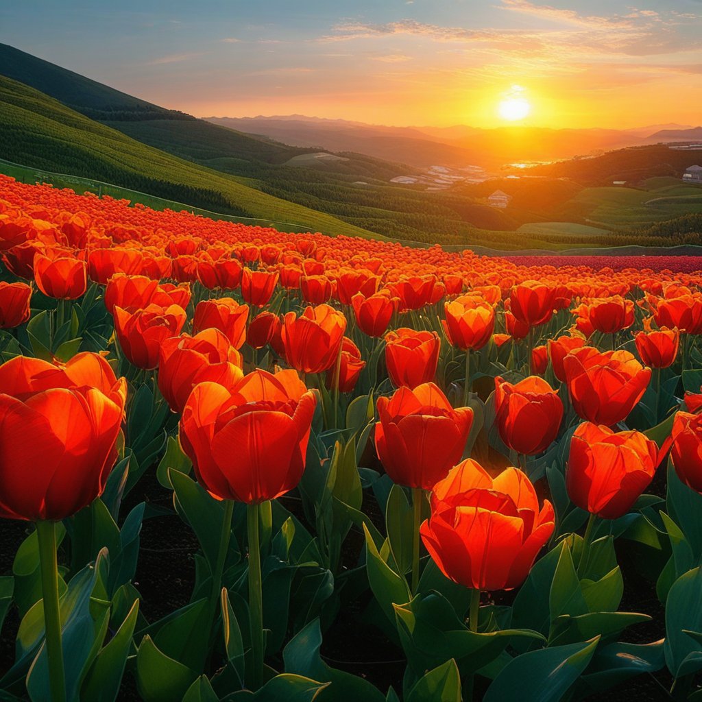 a field of vibrant tulips, beautiful detailed flowers, intricate petals, lush green leaves, rolling hills, golden sunset lighting, serene landscape, cinematic composition, (best quality,4k,8k,highres,masterpiece:1.2),ultra-detailed,(realistic,photorealistic,photo-realistic:1.37),vibrant colors,natural lighting,landscape photography