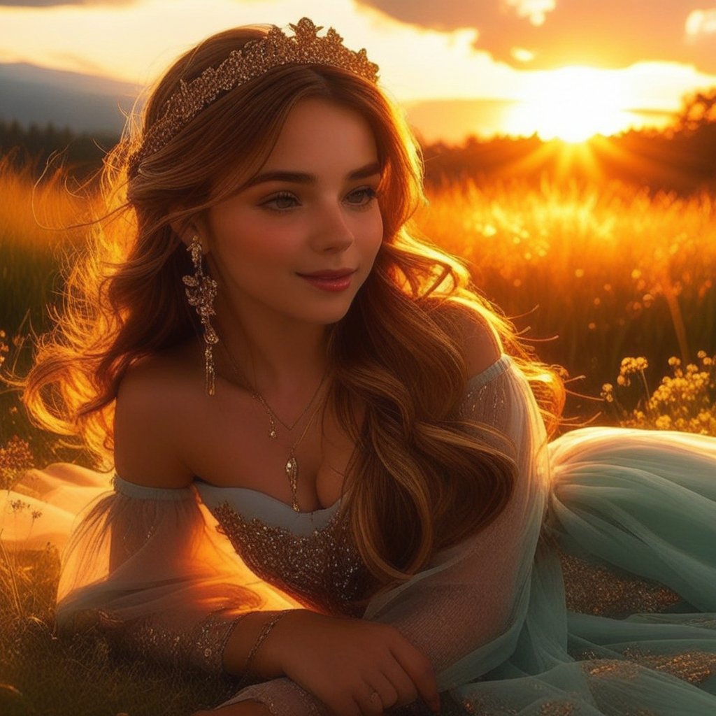 a beautiful girl lying in a meadow, detailed facial features, long flowing hair, elegant dress, low angle perspective, serene countryside landscape, warm golden hour lighting, vibrant colors, photorealistic, detailed intricate texture, cinematic composition, dramatic lighting, ethereal mood, highly detailed, masterpiece