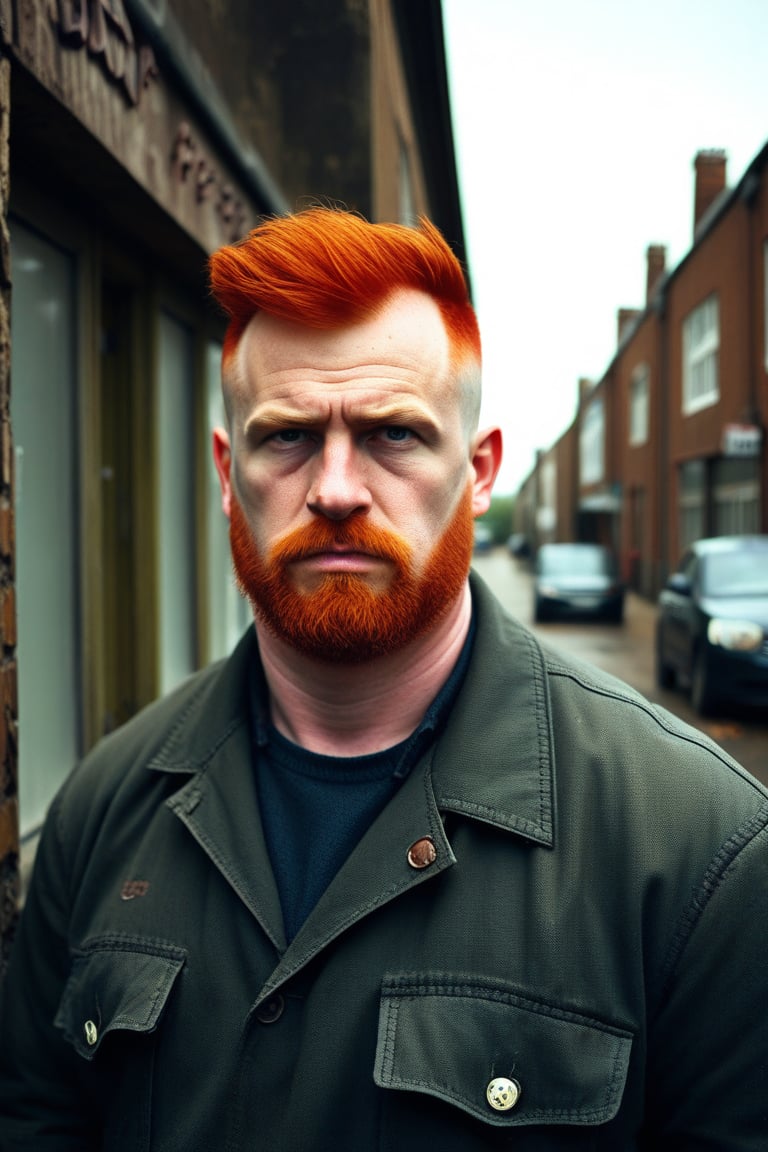 long shot of working class 35 year old beefy sweaty red headed Scottish man crew cut hair with stubble Sony fx9, 50mm, f/1.4, earthy afternoon tones, Scottish urban scene from 1950s

