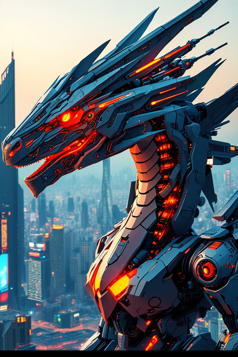 Design a robotic dragon with a mechanical body and fiery breath, set against a backdrop of a futuristic city