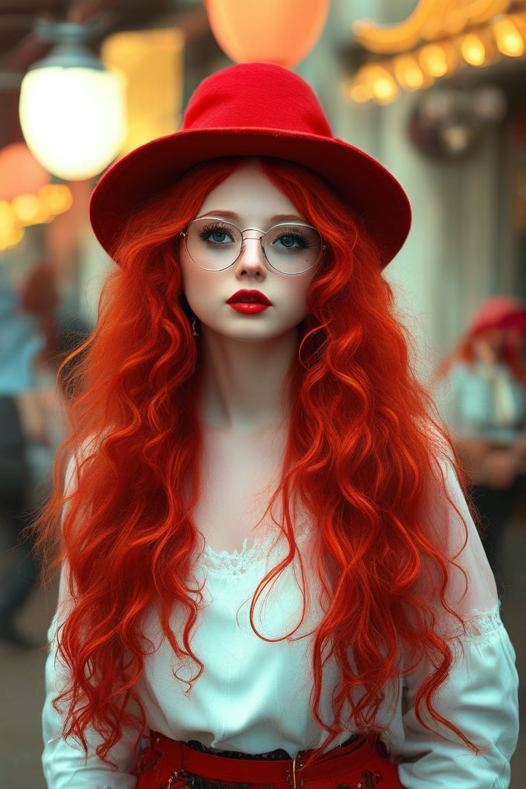 there is a 18 years old woman with Rote Haare wearing a hat and glasses, amouranth, cherry crush, belle delphine, besser bekannt als Amouranth, Red wig, roter Hut, with Rote Haare, red-haired girl, rothaarig, with curly Rote Haare, y2k Cutecore Clowncore, glowing red, Rote Haareed goddess, steampunk girl, Rote Haare, with long Rote Haare
