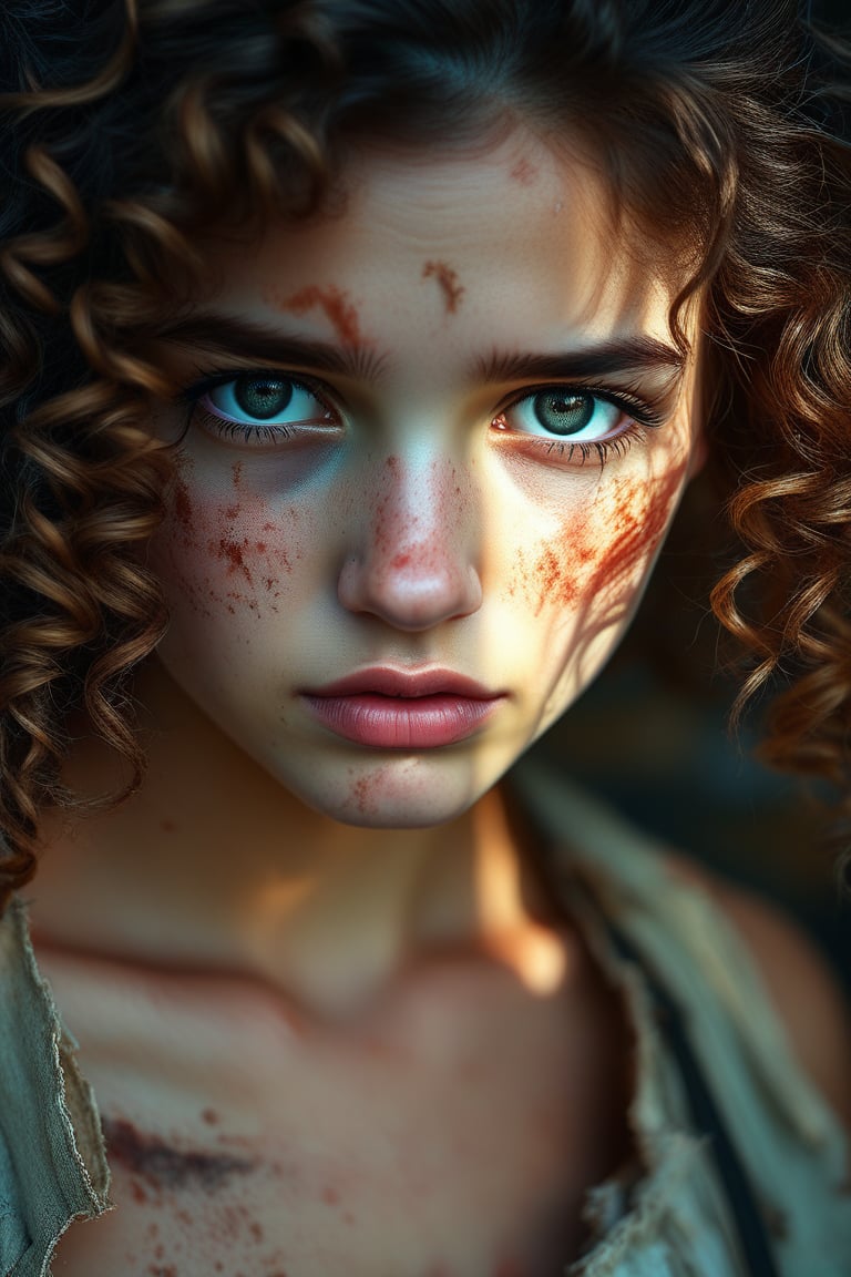 Ultra Realistic, Fujifilm XT3. Beautiful Eyes, Messy Curly Brown Hair, In a Dirty Torn Old Outfit, Shy, 1Girl, Only, Highly Detailed Skin: 1.2, With Bright Pink Cheeks. Plump. Dramatic edge light, Zeiss Lens, 8k UHD.
