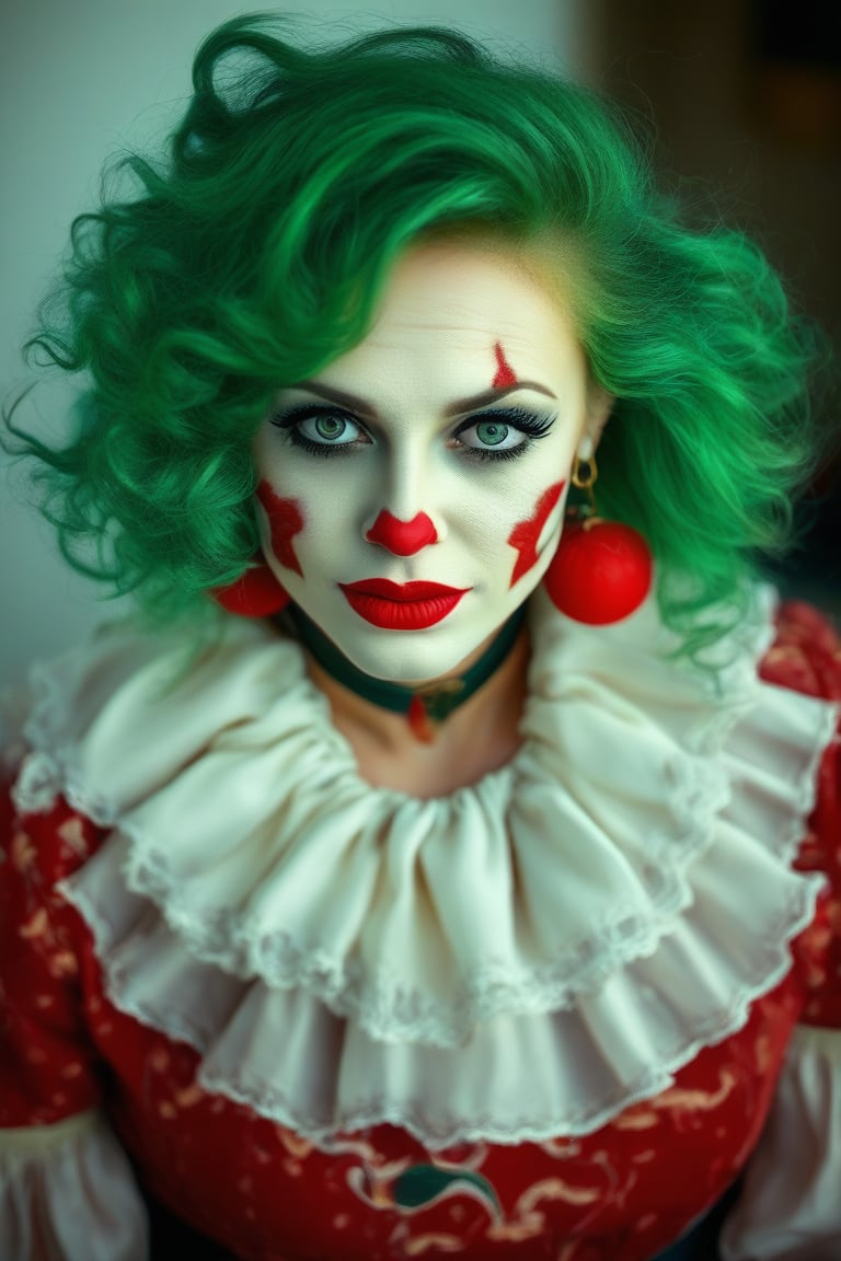 Gorgeous (MDCHNMCK: 1.1) woman, soft light portrait, High definition RAW color photos, eos, 8k high definition, top quality, Fuji, Kodak, Jester's clown, green hair
