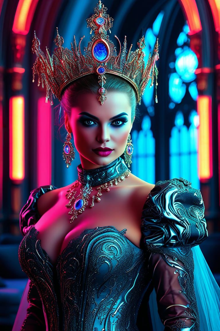 Cyber-Baroque Queen -- Regal queen in a cyberpunk-infused Baroque gown, metallic textures, neon detailing, elegant yet fierce expression, luxurious surroundings