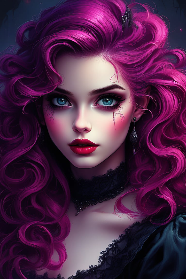 Stunning Overdetailed masterpiece, Marc Silvestri style, Victoria Frances style, manga  style, mixed with dark elements, high resolution, vibrant colors, realistic skin, fantasy, Digital painting of a beautiful fuchsia curly extreamly long hair goth girl, Her eyes are big and round, voluminous lips,